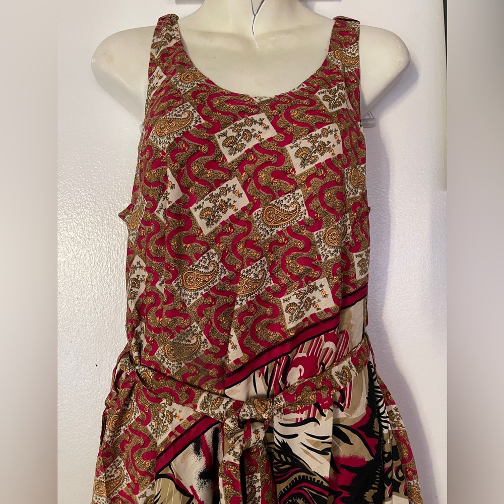 Boho Chic Sleeveless patchwork Red and Tan Asymmetrical Tiered Sundress - Picture 2 of 3